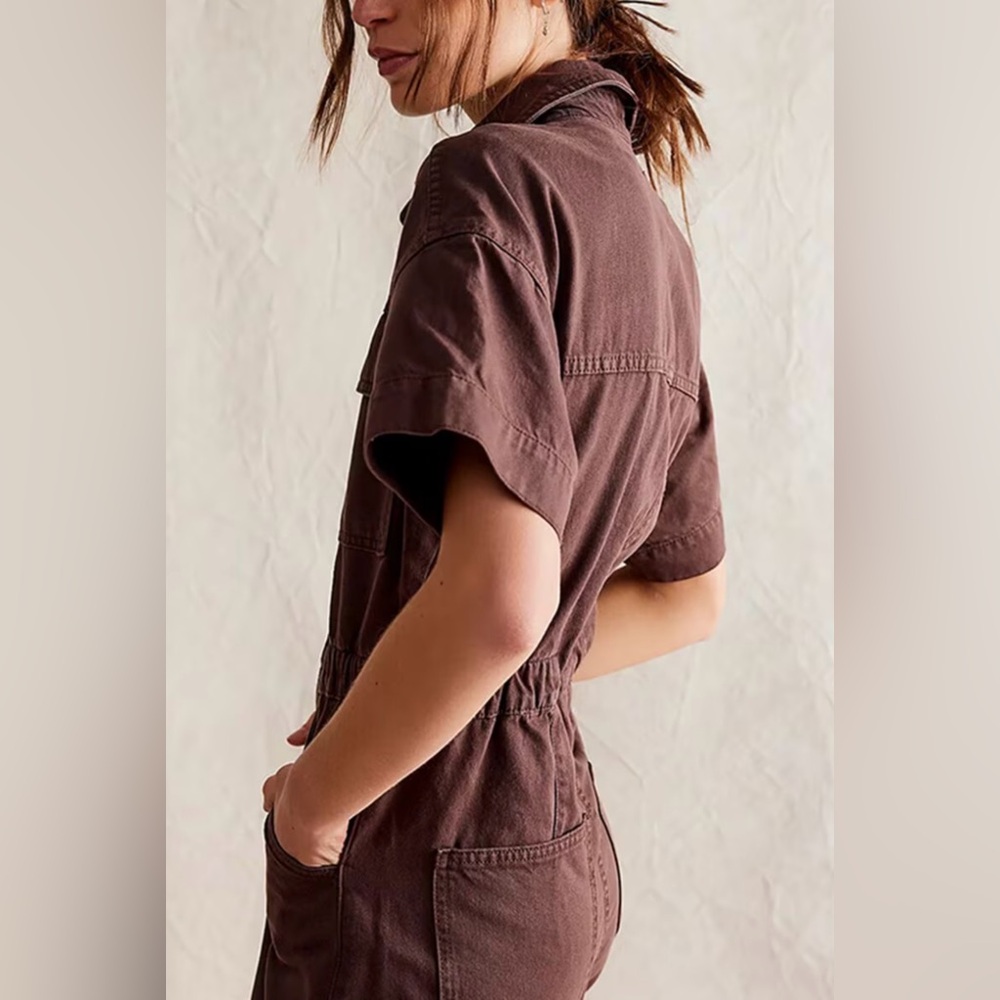 Free People Brown Short-Sleeve Denim Romper - Picture 16 of 16